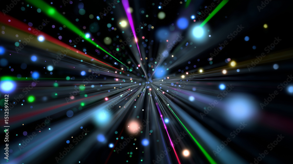 Poster abstract burst of multicolored light beams and glowing particles radiating from a central point on a