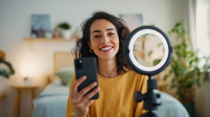 Smiling young woman filming herself with a smartphone and ring light in a home studio setting.
