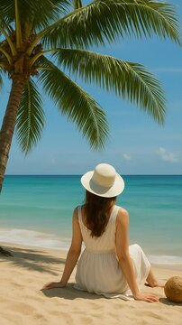 Tropical paradise retreat : Woman relaxing under palm tree on beach