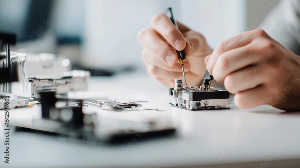 Poster close-up of hands using probes to test and work on an electronic circuit board.