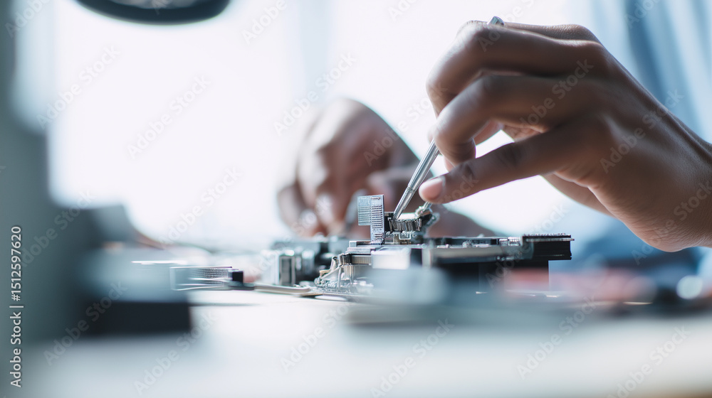 Poster close-up of hands using probes to test and work on an electronic circuit board.