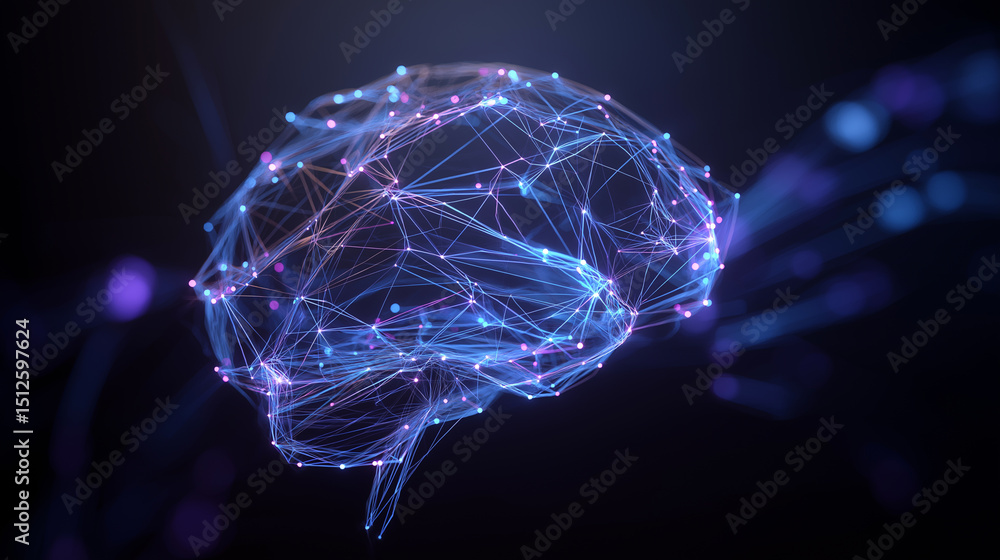 Poster glowing digital brain made of interconnected nodes and lines on a dark futuristic background.
