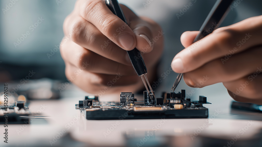 Aufkleber close-up of hands using probes to test and work on an electronic circuit board.