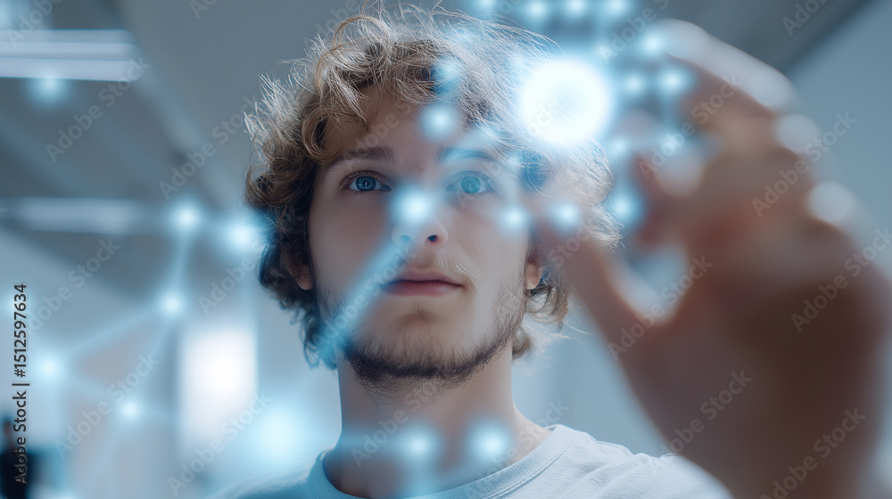 Aufkleber young man interacting with a glowing digital network interface in a futuristic tech environment.