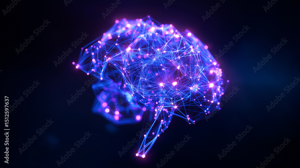 Aufkleber glowing digital brain made of interconnected nodes and lines on a dark futuristic background.