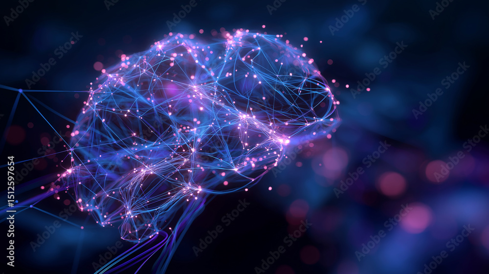 Poster glowing digital brain made of interconnected nodes and lines on a dark futuristic background.