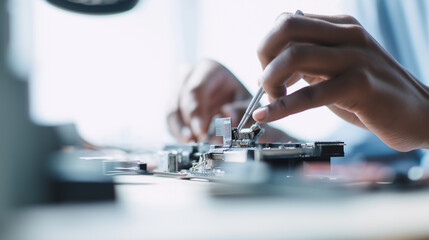 Close-up of hands using probes to test and work on an electronic circuit board.
