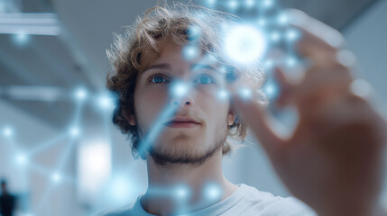 Young man interacting with a glowing digital network interface in a futuristic tech environment.
