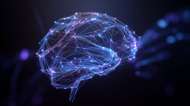 Glowing digital brain made of interconnected nodes and lines on a dark futuristic background.
