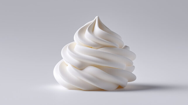 Swirl of white whipped cream isolated on a clean light background with dramatic shadow.
