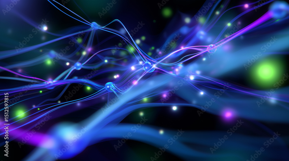 Poster colorful abstract visualization of a neural network with glowing connections.