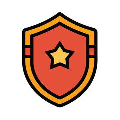 Orange shield with gold star badge vector icon for game design