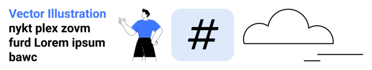 Person gesturing near a metadata tag and cloud icon alongside placeholder text. Ideal for social media, communication, connectivity, analytics, technology, minimal design, simple landing page