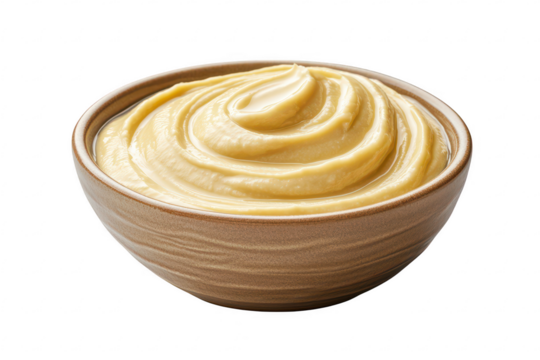 Creamy hummus in a brown bowl isolated on transparent background