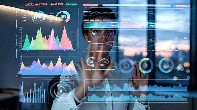 A meticulous data scientist interacts with a sleek, transparent holographic screen filled with vibrant 3D data visualisations, including cascading bar charts and pulsating scatter plots, all illuminat
