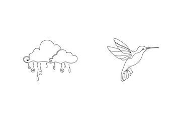 Minimalist line art of hummingbird and rain cloud in a simple monochrome design