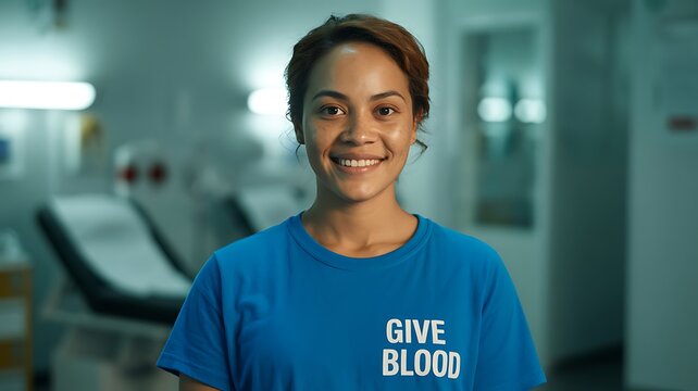 Portrait of a smiling woman in a blue give blood t shirt in a medical environment