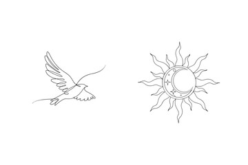 Elegant continuous line drawing of flying bird and celestial sun with moon and stars
