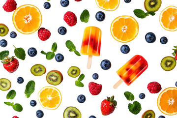Colorful fruit popsicles and fresh fruit isolated on transparent background