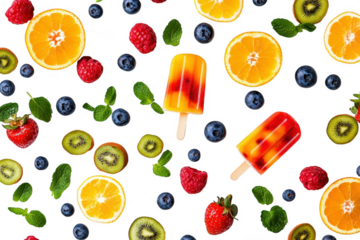 Colorful fruit popsicles and fresh fruit isolated on transparent background