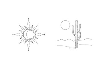 Minimalist line art celestial sun moon desert cactus illustration in black and white