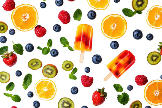 Colorful fruit popsicles and fresh fruit isolated on transparent background