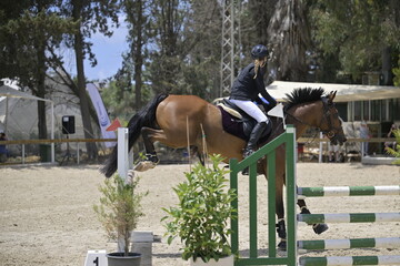 Equestrian Rider and Horse Clearing a Jump in a Showjumping Competition