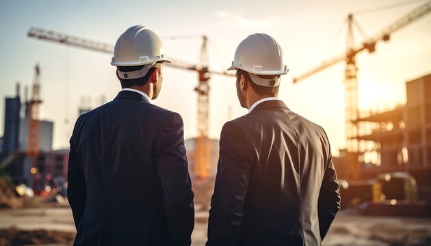Two businessmen in suits observing a construction site