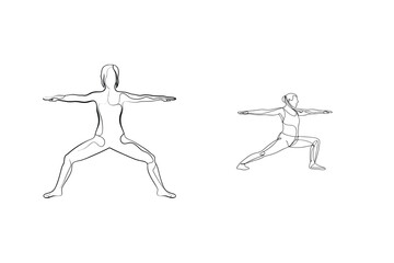 Minimalist line drawing illustration of two yoga poses warrior two against white background