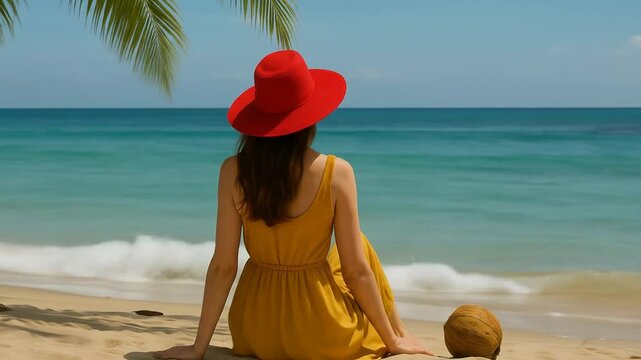 Tropical beach vacation : women relaxing by the torquoise sea