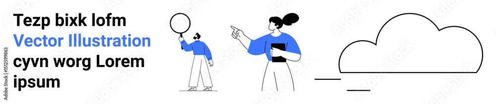 Poster two figures in modern attire interacting with abstract shapes, cloud element, and text layout. ideal