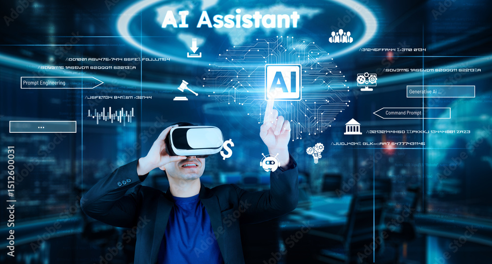 Poster smart project manager pointing at ai chat hologram and wearing headset at modern office. professiona