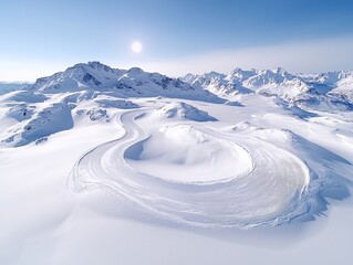 Aerial View of a Snow Covered Glacier Valley with Mountain Peaks under a Sunny Sky