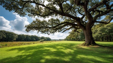 Obraz premium Large Tree on Grassy Field with Trees and Cloudy Sky