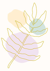 Golden leaf outline branch overlapping pastel colored organic shapes, boho chic minimalist design
