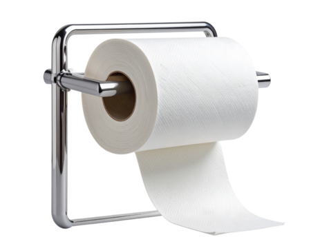 Toilet Paper Roll Hanging on a Minimalist Chrome Holder, isolated on transparent background