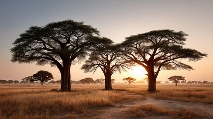 Savanna Landscape with Trees at Sunset
