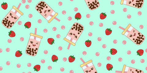 Cute seamless pattern kawaii style strawberry bubble tea on turquoise background, vector