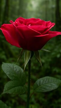 Timelapse : Vibrant red rose in lush green forest background