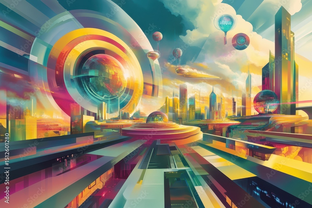 Poster exploring the realm of hightech imagination with vibrant landscapes and futuristic structures in a c