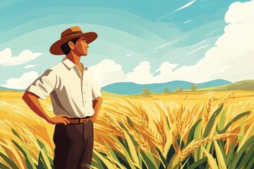 Fototapeta premium Ethnic Farmer Cultivating Crops in Lush Countryside Landscape