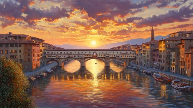 Autumnal Sunset Over Ponte Vecchio: A Captivating View of Florence's Iconic Skyline in Tuscany, Italy