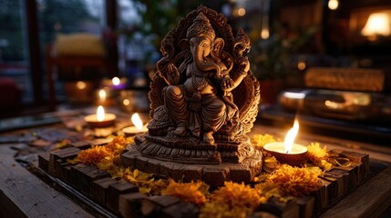 Sacred Ganesha statue surrounded by lit oil lamps and marigold flowers in spiritual setting perfect for Diwali celebration visuals, Indian religious themes and cultural symbolism concepts