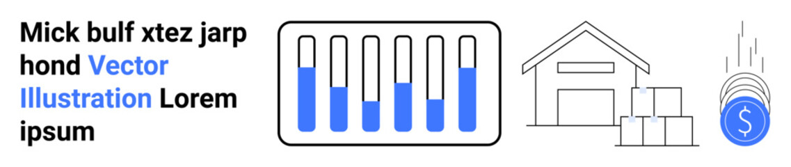 Bar chart tracking data, warehouse building, stacked boxes, falling coin for financial growth. Ideal for analytics, finance, supply chain, logistics, ecommerce planning simple landing page