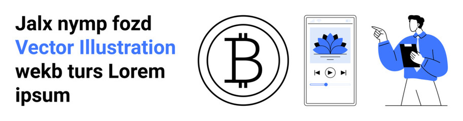 Bitcoin logo, smartphone with media icon, and professional pointing at screen. Ideal for cryptocurrency, fintech, mobile apps, analysis, modern business, blockchain simple landing page