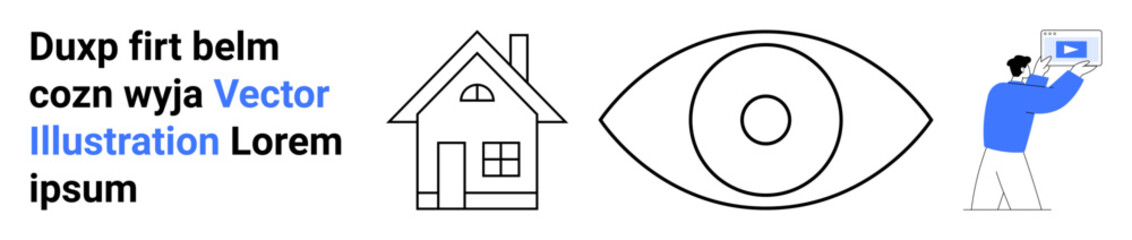 House, eye, person holding screen with blue video icon. Ideal for technology, vision, creativity, smart homes, user interface, design concepts simple landing page © robu_s