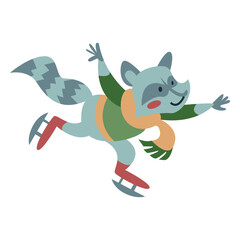 Winter animal character raccoon skates color © Vexels