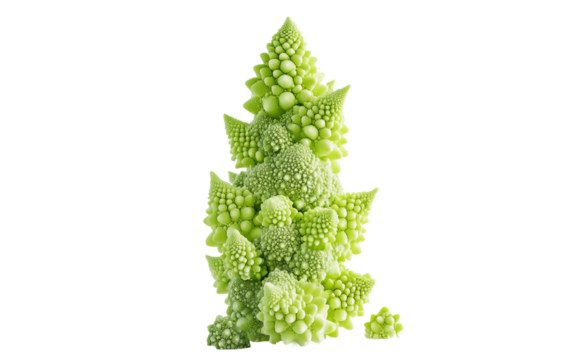 Romanesco broccoli spinning into a vibrant neon fractal pattern with glowing colors isolated on transparent background PNG