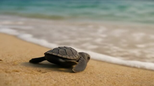 Wild and free, baby sea turtle heading for the ocean