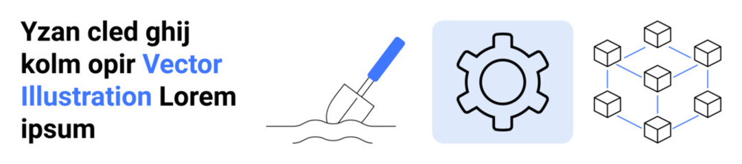 Gear mechanism, blockchain network, and trowel digging action symbolize construction, innovation, and technology. Ideal for technology, engineering, blockchain, construction mechanics system
